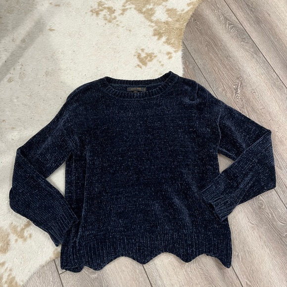 Love Tree Sweaters - Love tree chenille scalloped hem pullover navy blue sweater